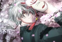 Rule 34 | 1boy, absurdres, cherry blossoms, closed mouth, commentary request, falling petals, fox mask, fugusashi (fgss2089), grey hair, grey jacket, hair between eyes, highres, holding, holding mask, jacket, long bangs, long sleeves, looking at viewer, low ponytail, male focus, mask, medium hair, niou masaharu, petals, rattail, short ponytail, smile, solo, tennis no ouji-sama, upper body, yellow eyes