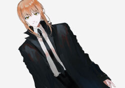 Rule 34 | 1girl, absurdres, black coat, black necktie, black pants, chainsaw man, closed mouth, coat, collared shirt, grey background, highres, long sleeves, looking at viewer, makima (chainsaw man), necktie, open clothes, open coat, orange hair, pants, shirt, sidelocks, simple background, solo, suechimu, white shirt, yellow eyes