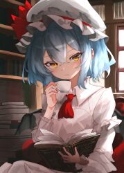 Rule 34 | 1girl, ascot, bat wings, blue hair, book, bookshelf, closed mouth, commentary, crossed bangs, cup, hat, hat ribbon, highres, holding, holding book, holding cup, indoors, long sleeves, looking at viewer, mob cap, nanahana nanana, red ascot, red eyes, red ribbon, remilia scarlet, ribbon, short hair, solo, teacup, touhou, white hat, window, wings
