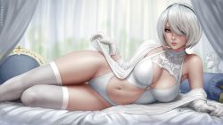 Rule 34 | 1girl, arm support, bed, bed sheet, black hairband, blue eyes, breasts, bride, cleavage, cleavage cutout, clothing cutout, curtains, feet, hair over one eye, hairband, large breasts, legs, leotard, lying, mole, navel, nier:automata, nier (series), no blindfold, on side, parted bangs, pink lips, sciamano240, solo, thighhighs, white theme, white thighhighs, 2b (nier:automata)