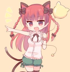 Rule 34 | 1girl, animal ears, bad id, bad pixiv id, balloon, blouse, blush stickers, braid, casual, cat ears, cat tail, deformed, fang, frilled shirt, frills, kaenbyou rin, mashiro miru, multiple tails, orange background, pointing, red eyes, red hair, shirt, solo, tail, touhou, twin braids, two tails, v-shaped eyebrows, white shirt