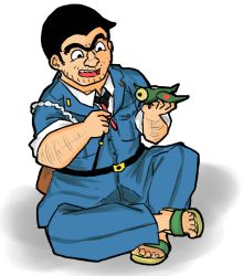Rule 34 | 1boy, facial hair, full body, kochikame, latenight, model airplane, necktie, no socks, open mouth, police, police uniform, policeman, ryoutsu kankichi, sandals, simple background, sitting, sleeves rolled up, solo, stubble, unibrow, uniform, white background
