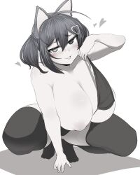Rule 34 | 1girl, animal ears, braid, breasts, cat ears, commentary request, curvy, full body, greyscale, haseru (ginku mh), heart, huge breasts, looking at viewer, medium hair, monochrome, nipples, one breast out, open mouth, original, side braid, sidelocks, simple background, smile, solo, squatting, thighhighs, two side up, white background