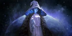 Rule 34 | 1girl, blue eyes, blue hair, blue skin, cloak, coat, colored skin, crack, cracked skin, elden ring, extra arms, extra faces, fur cloak, fur coat, glowing tattoo, hat, highres, jewelry, looking at viewer, moon, one eye closed, phamoz, ranni the witch, ring, solo, spoilers, witch, witch hat