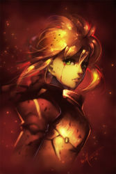 Rule 34 | 10s, 1girl, 2016, armor, artist name, artoria pendragon (all), artoria pendragon (fate), blonde hair, blood, blood on clothes, blood on face, bloody tears, breastplate, crying, dated, fate/grand order, fate/stay night, fate (series), from side, green eyes, hein27, light particles, lips, long hair, long sleeves, looking at viewer, nose, orange theme, parted lips, saber (fate), sad, scratches, solo, sparks, teeth, upper body