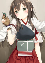 Rule 34 | 10s, 1girl, :t, aircraft, airplane, akagi (kancolle), anger vein, arm grab, blush, brown eyes, brown hair, eating, gloves, hand on another&#039;s shoulder, head tilt, holding another&#039;s arm, holding another&#039;s wrist, holding own arm, japanese clothes, kani biimu, kantai collection, long hair, looking at viewer, muneate, personification, pov, solo focus, sweatdrop