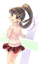 Rule 34 | beige sweater, black eyes, black hair, bubble background, checkered clothes, checkered skirt, child, commentary, fukuyama mai, hand on own chest, idolmaster, idolmaster cinderella girls, kawaseki, light blush, long hair, long sleeves, looking back, open mouth, ponytail, red skirt, scrunchie, simple background, skirt, smile, solo, sweater, thighs, turtleneck, turtleneck sweater