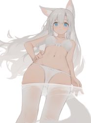 Rule 34 | 1girl, absurdres, animal ear fluff, animal ears, arm at side, bare arms, bare shoulders, blue eyes, blush, bra, breasts, closed mouth, clothes pull, collarbone, from below, gluteal fold, hagi (ame hagi), hand on own hip, highres, lace, lace-trimmed bra, lace trim, looking at viewer, looking down, navel, original, panties, pantyhose, pantyhose pull, see-through, simple background, small breasts, solo, standing, stomach, underwear, undressing, white background, white bra, white panties, white pantyhose