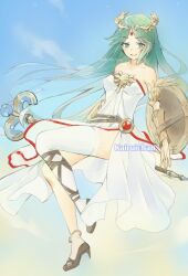 Rule 34 | 1girl, ancient greek clothes, anna lee, armlet, artist name, bare shoulders, belt, breasts, chiton, commentary, dress, english commentary, eyebrows hidden by hair, forehead jewel, full body, gem, green eyes, green hair, holding, holding staff, holding weapon, jewelry, kid icarus, kid icarus uprising, laurel crown, long hair, looking at viewer, mage staff, medium breasts, neck ring, nintendo, palutena, shield, side slit, signature, single thighhigh, sky, sleeveless, sleeveless dress, smile, solo, staff, strapless, strapless dress, thighhighs, vambraces, very long hair, weapon, white dress