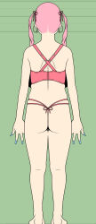 1girl ass barefoot blue_nails blush bra breasts cleavage cuzukago earrings facing_away feet fingernails jewelry large_breasts long_fingernails pink_hair red_eyes smile thong twintails underwear