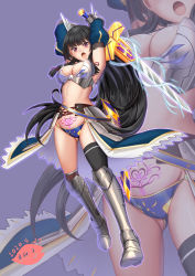 Rule 34 | 1girl, adapted costume, armor, artoria pendragon (all), artoria pendragon (fate), bikini armor, black hair, blue background, bodysuit, cosplay, excalibur (fate/stay night), excalibur (mythology), full body, heart, heart tattoo, isokaze (kancolle), kantai collection, kawasumi ayako, long hair, moke ro, pubic tattoo, red eyes, saber (fate), solo, tattoo, voice actor connection
