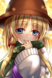 Rule 34 | 1girl, blonde hair, blue eyes, blush, brown hat, commentary request, green scarf, grin, hair ribbon, hat, highres, lens flare, long sleeves, looking at viewer, moriya suwako, nora wanko, plaid, plaid scarf, red ribbon, ribbon, scarf, smile, solo, touhou, tress ribbon, upper body