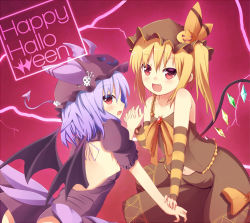 Rule 34 | 2girls, alternate costume, backless outfit, bare back, bare shoulders, blonde hair, blush, brooch, dress, fang, female focus, flandre scarlet, gradient background, happy halloween, hat, hat ribbon, holding hands, jack-o&#039;-lantern, jewelry, light purple hair, mazeshi, multiple girls, open mouth, red eyes, remilia scarlet, ribbon, short hair, siblings, side ponytail, sisters, skirt, skirt set, striped, touhou, wings