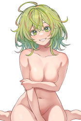 Rule 34 | 1girl, absurdres, barefoot, boku no hero academia, breast hold, breasts, commentary request, completely nude, convenient arm, green eyes, green hair, grin, hagakure tooru, highres, kobaji, looking at viewer, medium breasts, messy hair, navel, nude, smile, solo, unusually visible, white background