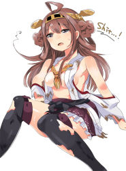 Rule 34 | 10s, 1girl, ahoge, blush, boots, brown hair, detached sleeves, double bun, english text, hairband, japanese clothes, juu shoku (hanken aka), kantai collection, kongou (kancolle), long hair, nontraditional miko, open mouth, personification, pleated skirt, profanity, skirt, smile, solo, thigh boots, thighhighs, toi (toiot), torn clothes