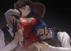 Rule 34 | 1girl, 2boys, alternate costume, alternate hairstyle, archer (fate), artist name, black gloves, black neckwear, black thighhighs, black vest, blindfold, blue hair, breasts, chair, choker, clenched teeth, collarbone, commentary request, cu chulainn (fate), cu chulainn (fate/stay night), dress, fate/stay night, fate (series), gloves, grey hair, hand in thighhighs, highres, in mouth, long hair, long sleeves, looking at viewer, medium breasts, mondi hl, mouth hold, multiple boys, muzzle, necktie, red choker, red dress, shirt, sitting, smile, teeth, thighhighs, tohsaka rin, vest, white shirt