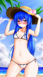 Rule 34 | 1girl, alternate costume, beach, bikini, blue hair, blush, breasts, cameltoe, cloud, covered erect nipples, day, embarrassed, food, fruit, hat, hinanawi tenshi, holding, holding clothes, holding hat, kneeling, long hair, looking at viewer, momo retasu, navel, nose blush, ocean, outdoors, peach, red eyes, sky, small breasts, solo, stomach, straw hat, swimsuit, touhou, white bikini, wide hips