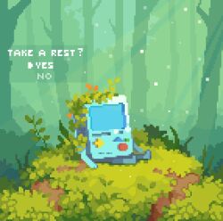 Rule 34 | adventure time, animate object, arkhai2, bmo, commentary, d-pad, day, dialogue options, dirt, english text, faceless, forest, game boy, grass, handheld game console, highres, jungle, leaf, light particles, light rays, monitor, nature, no humans, on grass, on ground, outdoors, pixel art, pixel text, plant, sitting, sunbeam, sunlight, tree, triangle, weeds
