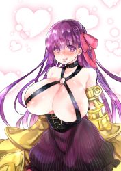 Rule 34 | 10s, 1girl, :p, bare shoulders, belt collar, bow, breasts, claws, collar, fate/extra, fate/extra ccc, fate (series), hair bow, hair ribbon, heart, heart-shaped pupils, huge breasts, long hair, looking at viewer, mamemix, passionlip (fate), pink eyes, purple hair, ribbon, smile, solo, symbol-shaped pupils, tongue, tongue out, very long hair