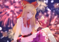 Rule 34 | 1girl, arm support, bare shoulders, blurry, blurry background, bottle, bow, bowtie, closed mouth, commentary request, eyebrows hidden by hair, feet out of frame, fireworks, flat chest, gourd, hair between eyes, hair bow, highres, holding, holding bottle, horn ornament, horn ribbon, horns, ibuki suika, knee up, light blush, light smile, long hair, looking at viewer, majime joe, night, night sky, oni horns, orange eyes, purple ribbon, purple skirt, red bow, red bowtie, ribbon, shirt, skirt, sky, solo, torn clothes, touhou, white shirt, wrist cuffs