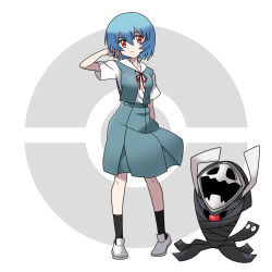 1girl 1other angel_(evangelion) ayanami_rei blue_hair breasts creatures_(company) expressionless from_side full_body game_freak gen_2_pokemon hand_in_own_hair interface_headset looking_at_viewer neck_ribbon neon_genesis_evangelion nintendo official_style open_mouth parody poke_ball_symbol pokemon red_ribbon ribbon sashimi_(sasihmi) school_uniform shirt short_hair simple_background skirt sleeveless solo style_parody sugimori_ken_(style) suspender_skirt suspenders tokyo-3_middle_school_uniform white_shirt wobbuffet zeruel_(evangelion)