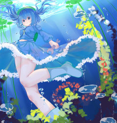 Rule 34 | 1girl, bad id, bad pixiv id, benmiaobituona, blue eyes, blue footwear, blue hair, boots, bubble, dress, dress shirt, frilled skirt, frills, hair bobbles, hair ornament, hat, highres, kawashiro nitori, key, light rays, lily pad, long sleeves, looking at viewer, matching hair/eyes, navel, plant, rubber boots, shirt, short hair, short twintails, skirt, skirt set, solo, touhou, twintails, two side up, underwater, white shirt, wrench