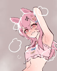 1girl animal_ears arm_up armpits blue_bow blush bow bra dingotoad grey_background hair_bow hair_ornament heart heart_hair_ornament highres long_hair looking_at_viewer phase_connect pink_bra pink_eyes pink_hair pipkin_pippa presenting_armpit rabbit_ears rabbit_girl simple_background solo steaming_body sweat underwear very_sweaty virtual_youtuber