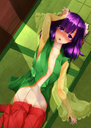 Rule 34 | 1girl, blush, clothes pull, flower, full-face blush, hair flower, hair ornament, hand on own head, hazuki kyou, hieda no akyuu, lying, no panties, on back, open clothes, open mouth, open shirt, purple eyes, purple hair, see-through, shirt, short hair, skirt, skirt pull, smile, solo, touhou