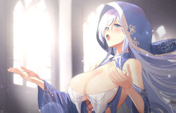 Rule 34 | 1girl, backless dress, backless outfit, bare shoulders, blue dress, blue eyes, blue hair, blue hood, blue sleeves, breast curtains, breasts, church, commission, detached sleeves, dress, habit, halter dress, halterneck, highres, hood, hood up, indoors, large breasts, light blue hair, light rays, mole, mole under eye, open mouth, original, outstretched arms, revealing clothes, see-through, solo, swept bangs, twin (tt lsh), upper body, wind, window