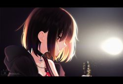 Rule 34 | 1girl, bang dream!, black choker, black hair, black jacket, blonde hair, blurry, blurry background, choker, collarbone, commentary, depth of field, english commentary, hair between eyes, highres, hood, hood down, hooded jacket, jacket, letterboxed, looking away, mitake ran, parted lips, profile, red eyes, solo, the cold, twitter username, upper body