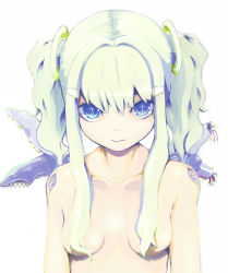 Rule 34 | 1girl, android, asymmetrical wings, blue eyes, breasts, expressionless, green hair, hair ornament, highres, long hair, mechanical wings, nude, original, revision, shindou kamichi, simple background, small breasts, solo, twintails, wings
