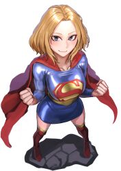 Rule 34 | 1girl, absurdres, blonde hair, blue eyes, blue skirt, blush, breasts, cape, clenched hands, collarbone, dc comics, foreshortening, full body, highres, kilye kairi, looking at viewer, medium breasts, red cape, red footwear, short hair, simple background, skirt, smile, supergirl, superhero costume, superman (series), white background
