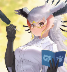 Rule 34 | 1girl, bird girl, bird wings, black gloves, black hair, blonde hair, blush, book, brown eyes, collared shirt, commentary request, elbow gloves, glasses, gloves, head wings, highres, isho k10000, japari symbol, kemono friends, kemono friends 3, long hair, long sleeves, looking at viewer, multicolored hair, quill, red hair, secretarybird (kemono friends), semi-rimless eyewear, shirt, sidelocks, solo, upper body, white hair, white neckwear, white shirt, wings