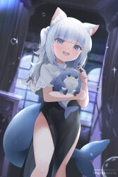 Rule 34 | 1girl, animal ear fluff, animal ears, blue eyes, blue hair, blush, bubble, cat ears, dress, fins, fish tail, gawr gura, holding, holding stuffed toy, hololive, hololive english, looking at viewer, mujinbensin, multicolored hair, open mouth, shark tail, sharp teeth, smile, solo, stuffed animal, stuffed toy, tail, teeth, upper teeth only, virtual youtuber, white hair