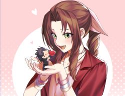 Rule 34 | 1boy, 1girl, absurdres, aerith gainsborough, black hair, bracelet, braid, braided ponytail, brown hair, chibi, couple, crisis core final fantasy vii, dress, final fantasy, final fantasy vii, final fantasy vii remake, green eyes, hair ribbon, heart, highres, holding, holding heart, in palms, jacket, jewelry, long hair, looking at another, mini person, miniboy, montaro, open mouth, pink dress, pink ribbon, red jacket, ribbon, spiked hair, zack fair