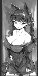 Rule 34 | 1girl, :/, animal ears, braid, breasts, cat ears, cat tail, cleavage, commentary request, cowboy shot, dress, extra ears, greyscale, kaenbyou rin, large breasts, mizuga, monochrome, multiple tails, nekomata, off shoulder, pointy ears, solo, tail, touhou, twin braids, twintails, two tails