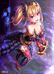Rule 34 | 1girl, artist name, bad id, bad pixiv id, bare shoulders, bdsm, blonde hair, bondage, boots, bound, bound wrists, breasts, bustier, choker, cleavage, collarbone, detached sleeves, dress, dungeon, eyelashes, fang, frilled dress, frills, full body, glint, hair ornament, highres, indoors, jewelry, knee pads, looking at viewer, notori d, open mouth, original, red eyes, side slit, solo, spirit, standing, standing on one leg, stocks, stone floor, stone wall, strapless, strapless dress, thighhighs, twintails, vampire, walking, wall