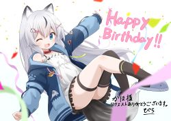 Rule 34 | 1girl, ;d, absurdres, animal ears, asymmetrical legwear, black thighhighs, blue eyes, blue hoodie, chemise, collar, dog ears, dog girl, dog tail, flat chest, frills, full body, hasuki aoi, highres, hood, hood down, hoodie, indie virtual youtuber, long sleeves, looking at viewer, mismatched legwear, mogura2009, off shoulder, one eye closed, open clothes, open hoodie, open mouth, second-party source, single thighhigh, slippers, smile, tail, thighhighs, virtual youtuber, white chemise