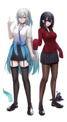 Rule 34 | 2girls, arm up, black hair, black thighhighs, blue hair, breasts, clothes around waist, eyebrows hidden by hair, green eyes, grey hair, hair between eyes, highres, ironatsuki, large breasts, long hair, looking at viewer, multicolored hair, multiple girls, nail, nail polish, necktie, open mouth, original, pantyhose, red eyes, school uniform, shirt, short hair, simple background, skirt, smile, standing, sweater, thighhighs, white background