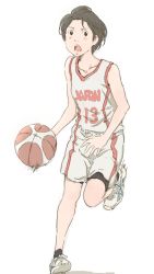 Rule 34 | 1girl, ball, bare shoulders, basketball, basketball (object), basketball uniform, bike shorts, bike shorts under shorts, black eyes, black hairband, blush, breasts, collarbone, dribbling (basketball), hairband, highres, jersey, monodevil, motion lines, open mouth, running, shoes, short hair, shorts, simple background, small breasts, sneakers, sportswear, tank top, very short hair, white background, white footwear, white shorts, white tank top