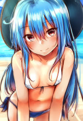 Rule 34 | 1girl, bad id, bad nicoseiga id, bare shoulders, beach, bikini, blue bikini, blue hair, blush, breasts, closed mouth, collarbone, commentary request, day, eyebrows, front-tie bikini top, front-tie top, hair between eyes, hat, head tilt, highres, hinanawi tenshi, leaning forward, long hair, looking at viewer, mismatched bikini, navel, outdoors, red eyes, sand, side-tie bikini bottom, sketch, small breasts, smile, solo, standing, swimsuit, tan, touhou, water, white bikini, yuhito (ablbex)