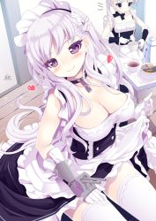 Rule 34 | 2girls, absurdres, apron, apron lift, azur lane, belfast (azur lane), blue dress, blue eyes, braid, breasts, chain, cleavage, clothes lift, collar, commentary request, cup, dress, dress lift, gloves, heart, highres, large breasts, lifted by self, little bel (azur lane), long hair, maid headdress, multiple girls, natsumiya yuzu, purple eyes, silver hair, sitting, smile, spoon, tea, teacup, teapot, thighhighs, waist apron, white gloves, white legwear