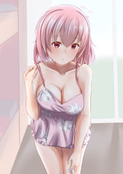 Rule 34 | 01021235, 1girl, absurdres, assault lily, bare arms, bare shoulders, bed, blush, breasts, bunk bed, cleavage, collarbone, commentary request, cowboy shot, day, dress, floral print, frilled dress, frills, hair between eyes, hair down, hand on own thigh, hand up, happy birthday, highres, hitotsuyanagi riri, indoors, leaning forward, looking at viewer, medium breasts, medium hair, official alternate costume, parted lips, pink dress, pink eyes, pink hair, print dress, sleeveless, sleeveless dress, solo, spaghetti strap, standing, strap lift, window