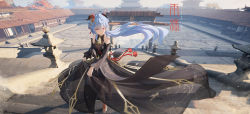 Rule 34 | 1girl, absurdres, alternate costume, ame999, architecture, artist name, bell, black dress, black sleeves, blue hair, closed mouth, commentary request, dated, detached sleeves, dress, east asian architecture, full body, ganyu (genshin impact), genshin impact, goat horns, hair between eyes, hair ornament, high heels, highres, horns, long hair, neck bell, outdoors, pink eyes, red eyes, scenery, signature, skirt hold, sleeveless, sleeveless dress, solo, stone lantern, tassel, watermark