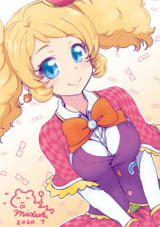 Rule 34 | 1girl, aikatsu!, aikatsu! (series), black vest, blonde hair, blue eyes, bow, bowtie, breasts, breasts squeezed together, capelet, checkered capelet, checkered clothes, checkered skirt, clock, close-up, closed mouth, collared shirt, dated, dutch angle, earrings, eyewear background, frilled capelet, frills, glasses, gradient background, hat, jewelry, large breasts, long sleeves, looking at viewer, mini hat, mizuki maya, pleated skirt, red capelet, red hat, red skirt, saegusa kii, shirt, signature, skirt, smile, solo, twintails, upper body, vest, wavy hair, white shirt, wing collar, yellow background