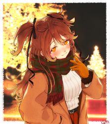 Rule 34 | 1girl, :3, belt, black belt, blurry, blurry background, blush, brown coat, brown hair, christmas, christmas lights, closed mouth, coat, duffel coat, gloves, highres, idenshi hina, illumination, long hair, looking at viewer, night, orange gloves, outdoors, re:act, red scarf, ribbed sweater, scarf, shishigami leona, signature, smile, solo, sweater, two side up, upper body, virtual youtuber, white sweater, yellow eyes