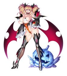 Rule 34 | 1girl, absurdres, alternate costume, aoi nagisa (metalder), bare shoulders, blonde hair, blue eyes, boots, breasts, cosplay, covered navel, curvy, demon girl, demon girl (cosplay), fake wings, gloves, halloween costume, highleg, highleg leotard, highres, huge breasts, leotard, lilith-soft, nail polish, official alternate costume, onizaki kirara, open mouth, pumpkin, shiny skin, smile, solo, taimanin (series), taimanin rpgx, thighs, thong leotard, twintails, white background, wide hips, wings