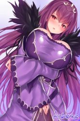 Rule 34 | 1girl, ayuteisyoku, blush, breast hold, breasts, cleavage, dress, fate/grand order, fate (series), from below, fur trim, hair between eyes, jewelry, large breasts, long hair, looking at viewer, open mouth, parted lips, purple dress, purple hair, red eyes, scathach (fate), scathach skadi (fate), solo, tiara, wide sleeves