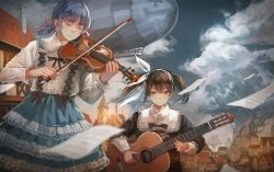 Rule 34 | 2girls, aircraft, artist name, bad id, bad pixiv id, blue hair, blurry, bow, brown eyes, brown hair, city, cloud, depth of field, dirigible, european clothes, closed eyes, frilled shirt, frilled skirt, frills, giant tree, guitar, hair bow, hair ribbon, hairband, highres, house, instrument, lace, lace-trimmed shirt, lace-trimmed skirt, lace trim, light smile, long hair, looking at viewer, multiple girls, music, original, paper, playing instrument, pvmivs, ribbon, road, sheet music, shirt, short hair, short twintails, signature, skirt, sky, street, suspender skirt, suspenders, tree, twintails, violin, wind