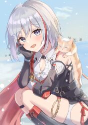 Rule 34 | 1girl, absurdres, black footwear, blue eyes, blush, boots, cat, clothing cutout, collared shirt, colored inner hair, commentary, detached sleeves, grey hair, hand on own cheek, hand on own face, highres, honkai: star rail, honkai (series), k2 (kazu1030), looking at viewer, multicolored hair, open mouth, purple eyes, red hair, shirt, smile, snow, solo, squatting, streaked hair, thigh boots, thigh strap, thighs, topaz (honkai: star rail), two-tone eyes, two-tone hair, white shirt
